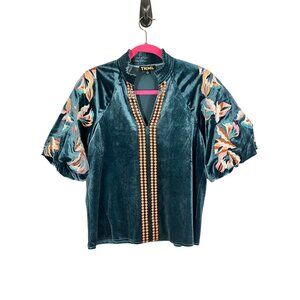 Boho Velvet Floral Top S Blue Bold Embroidery Classic Modern Chic Artsy Luxury